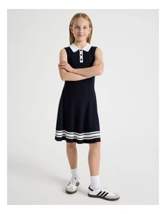 Sleeveless Knit Tennis Dress with Contrast Tipping in Navy