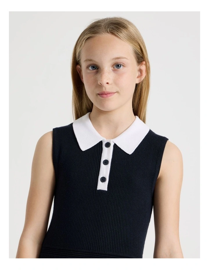 Sleeveless Knit Tennis Dress with Contrast Tipping in Navy image 2