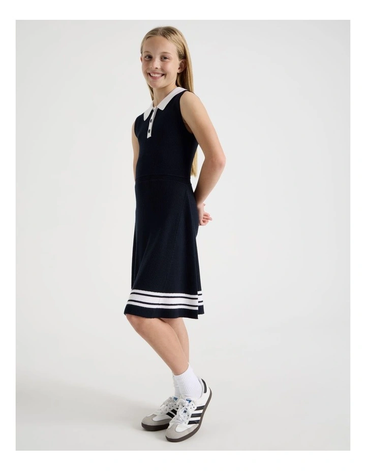 Sleeveless Knit Tennis Dress with Contrast Tipping in Navy image 3