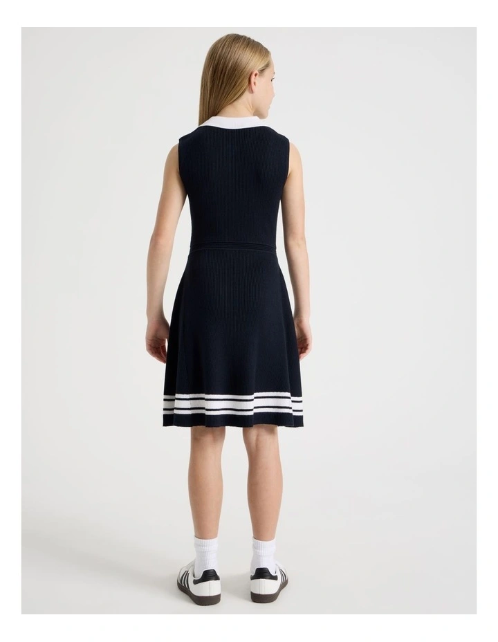 Sleeveless Knit Tennis Dress with Contrast Tipping in Navy image 5