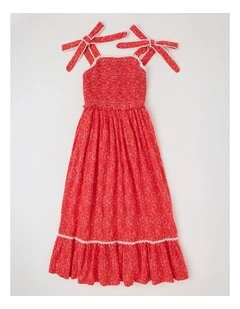Maxi Drop Hem Dress with Lace Detail & Bobble Trims in Red