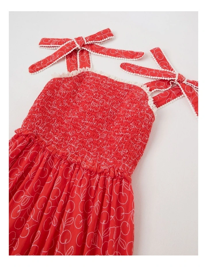Maxi Drop Hem Dress with Lace Detail & Bobble Trims in Red image 2