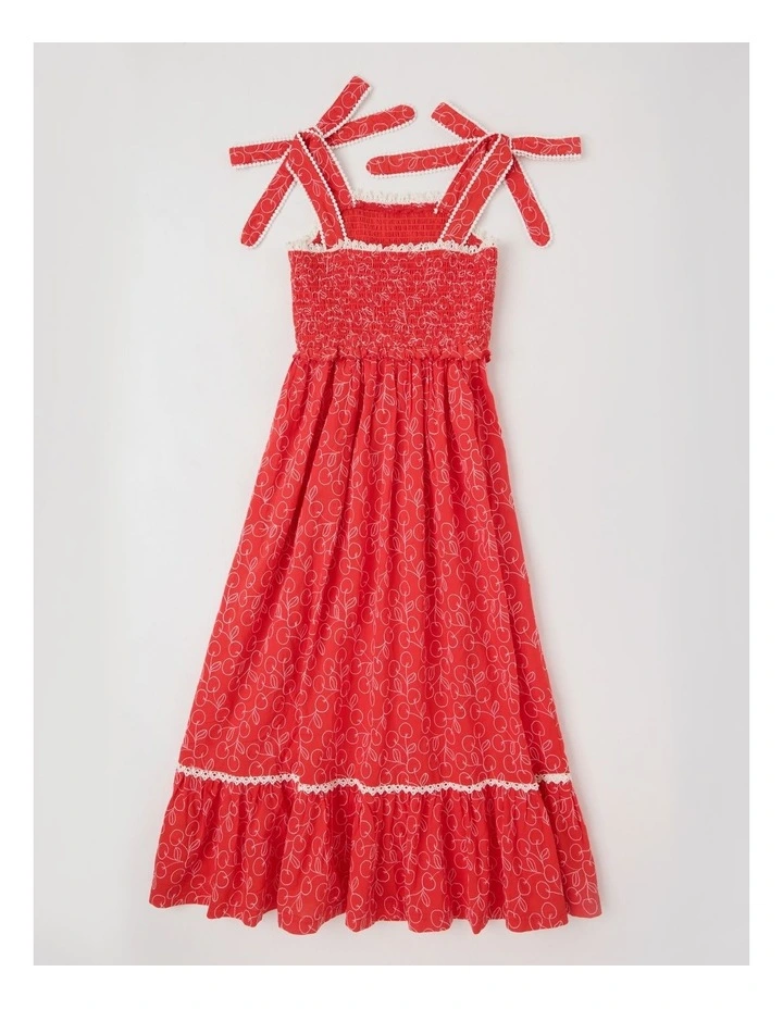 Maxi Drop Hem Dress with Lace Detail & Bobble Trims in Red image 3