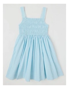 Poplin Shirred Bodice Dress with Rope Detail in Blue