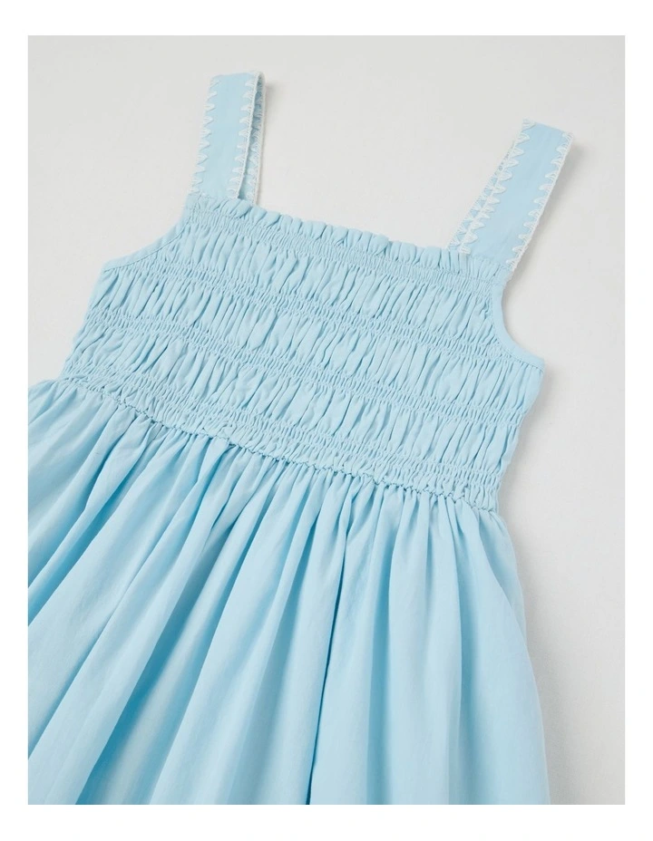 Poplin Shirred Bodice Dress with Rope Detail in Blue image 2