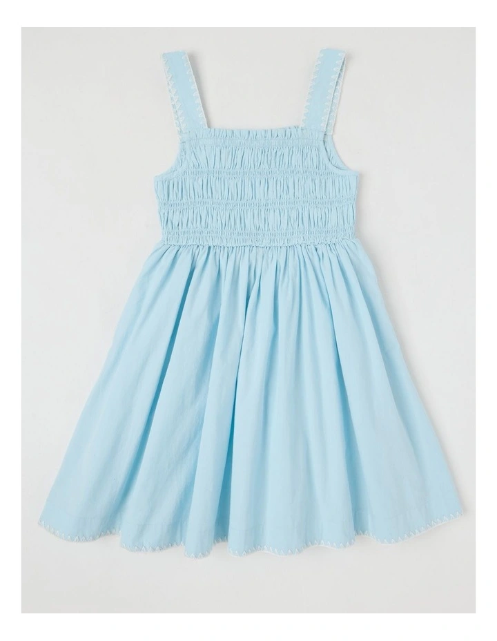Poplin Shirred Bodice Dress with Rope Detail in Blue image 3