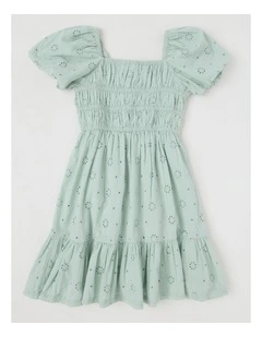 Puff Broderie Sleeve Dress in Sage