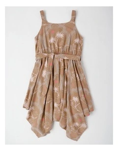 Hankerchief Hem Dress with Waist Tie in Brown
