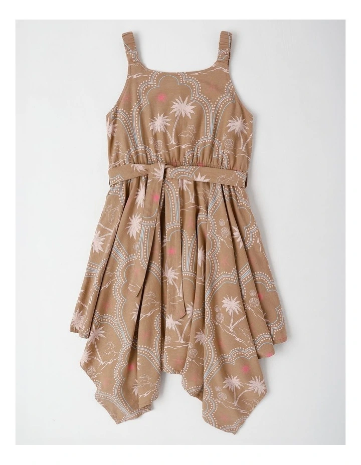 Hankerchief Hem Dress with Waist Tie in Brown image 1