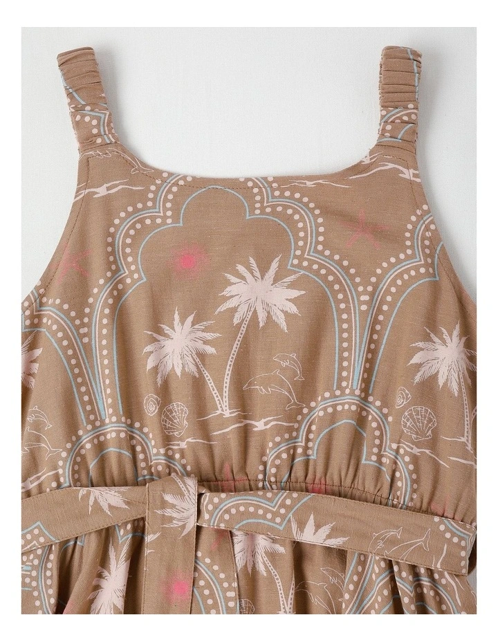 Hankerchief Hem Dress with Waist Tie in Brown image 2