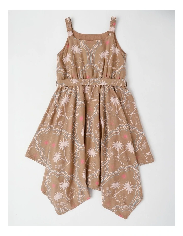 Hankerchief Hem Dress with Waist Tie in Brown image 3