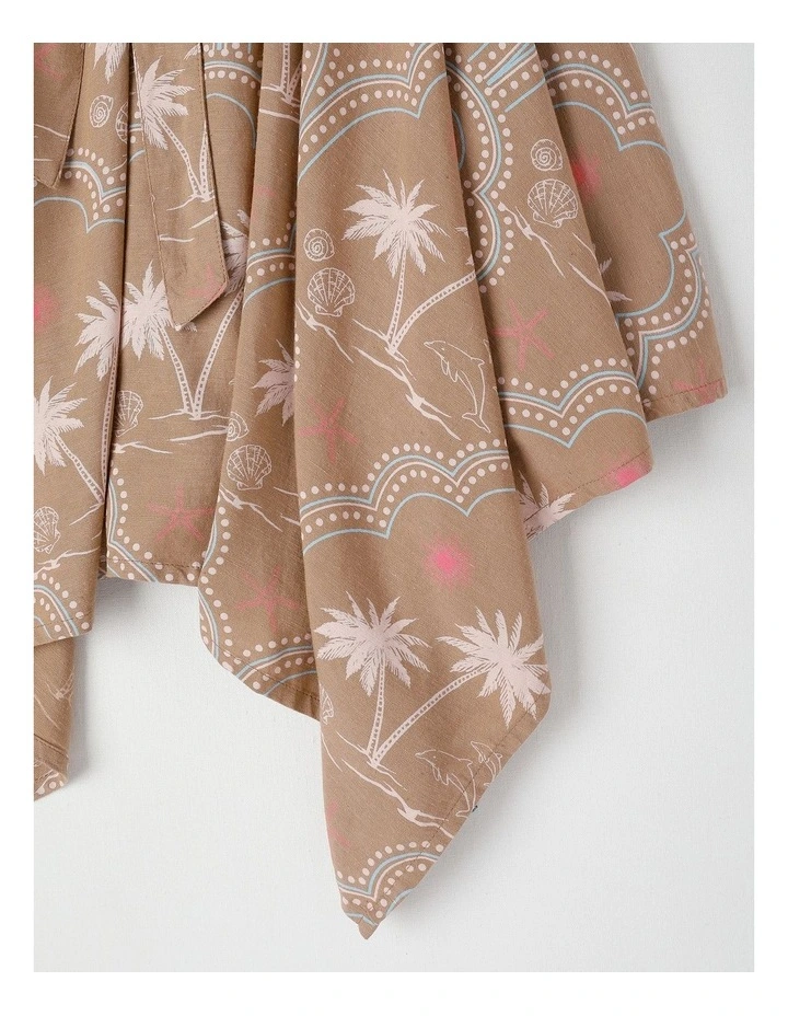 Hankerchief Hem Dress with Waist Tie in Brown image 4