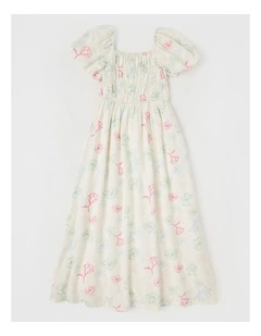 Puff Sleeve Shirred Waist Maxi Dress in Ecru
