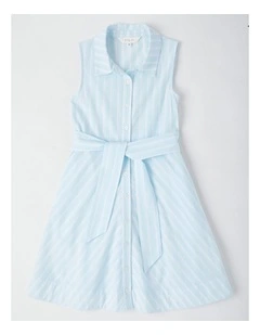 Pin Stripe Shirt Dress with Waist Tie in Light Blue