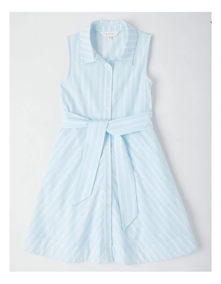 Pin Stripe Shirt Dress with Waist Tie in Light Blue image 1