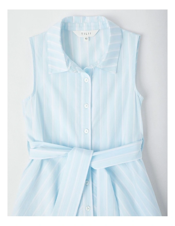Pin Stripe Shirt Dress with Waist Tie in Light Blue image 2