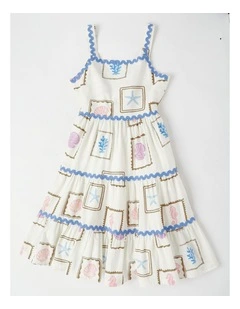 Tiered Midi Dress with Ric Rac Detail in Shell White