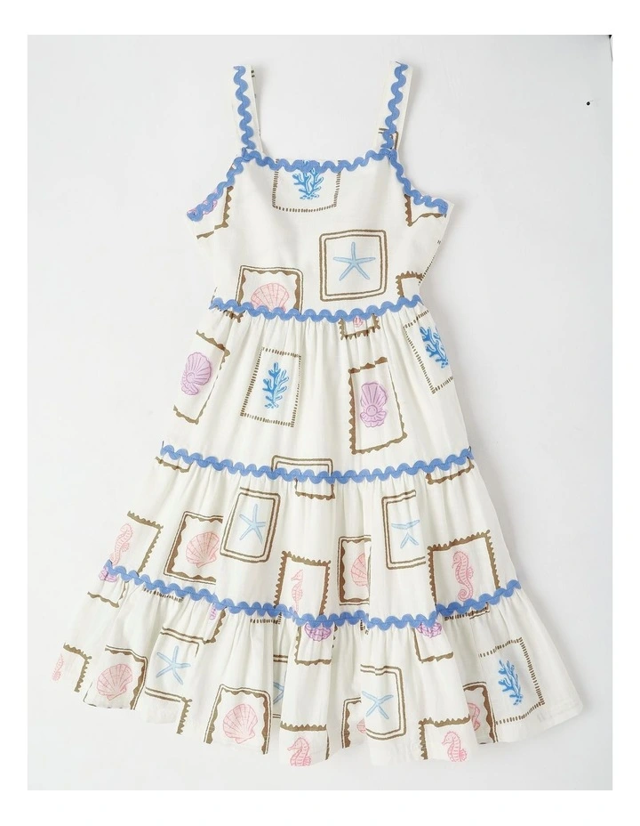 Tiered Midi Dress with Ric Rac Detail in Shell White image 1