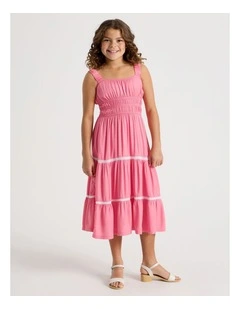 Shirred Tiered Dress With Ric Rac in Pink