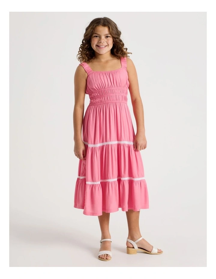 Shirred Tiered Dress With Ric Rac in Pink image 1