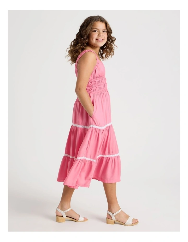 Shirred Tiered Dress With Ric Rac in Pink image 2