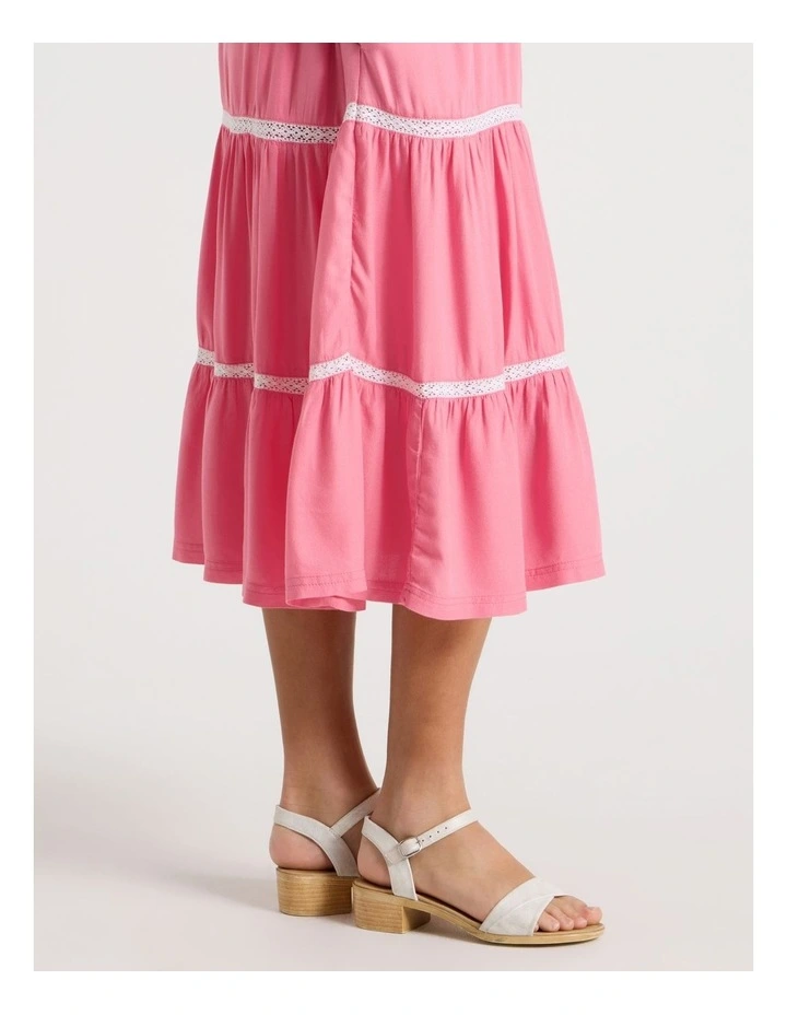 Shirred Tiered Dress With Ric Rac in Pink image 3