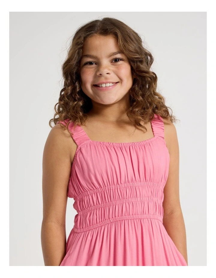 Shirred Tiered Dress With Ric Rac in Pink image 4