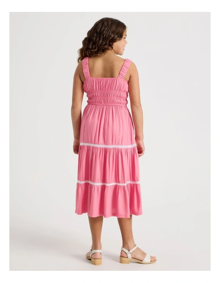 Shirred Tiered Dress With Ric Rac in Pink image 5