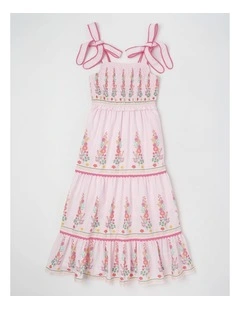 Maxi Shirred Waist Dress with Tiers in Light Pink