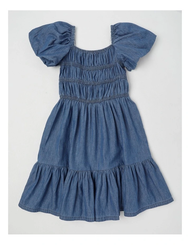 Short Sleeve Chambray Puff Sleeve Dress in Mid Wash image 1