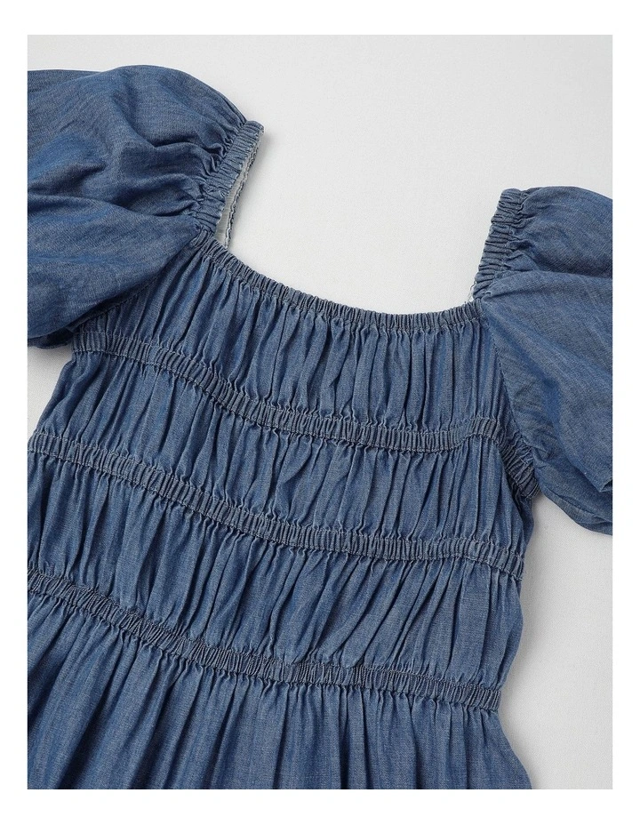 Short Sleeve Chambray Puff Sleeve Dress in Mid Wash image 2