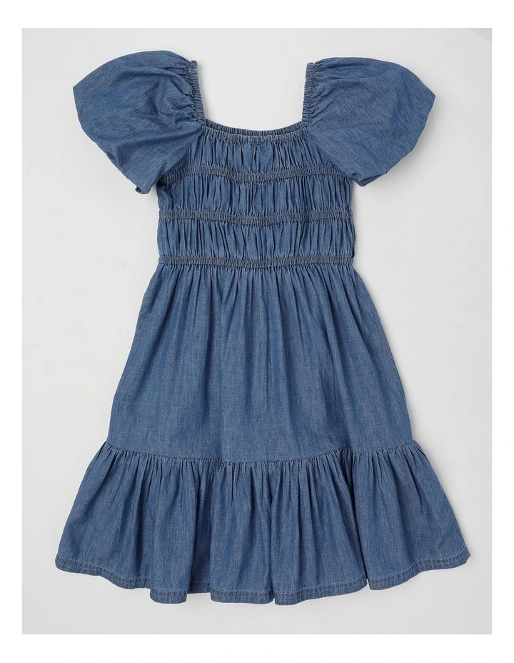Short Sleeve Chambray Puff Sleeve Dress in Mid Wash image 3