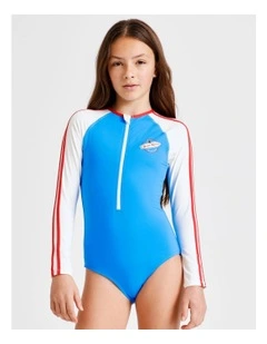 Long Sleeve 1/4 Zip One Piece with Contrast Sleeves in Blue and White