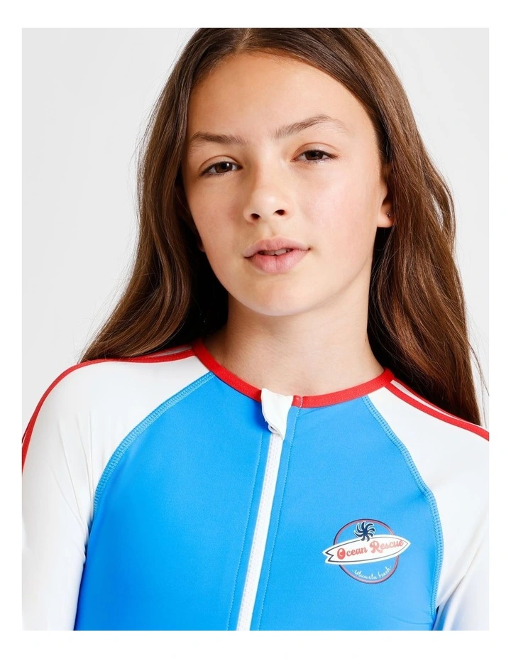Long Sleeve 1/4 Zip One Piece with Contrast Sleeves in Blue and White image 3