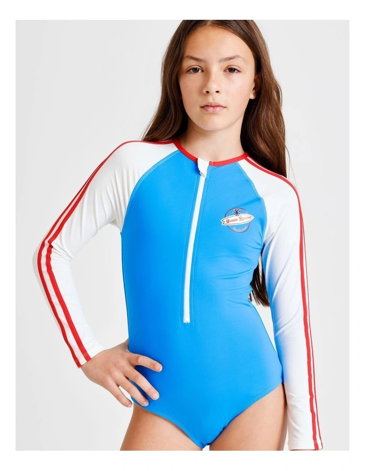 Long Sleeve 1/4 Zip One Piece with Contrast Sleeves in Blue and White image 4