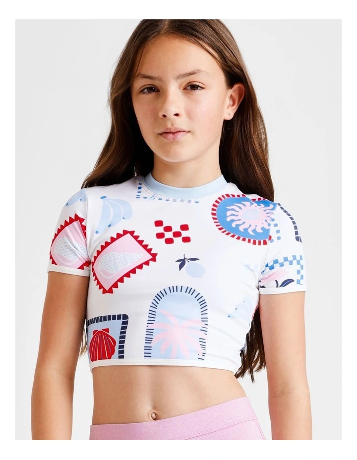 Short Sleeve Rashvest & Boy Leg Brief with Tile Print in White image 2