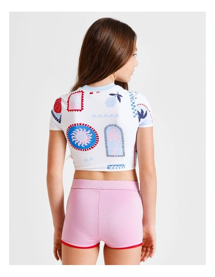 Short Sleeve Rashvest & Boy Leg Brief with Tile Print in White image 4