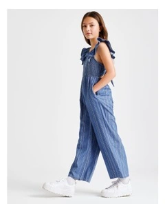 Sleeveless Chambray Shirred Bodice Jumpsuit wih Back Tie in Blue