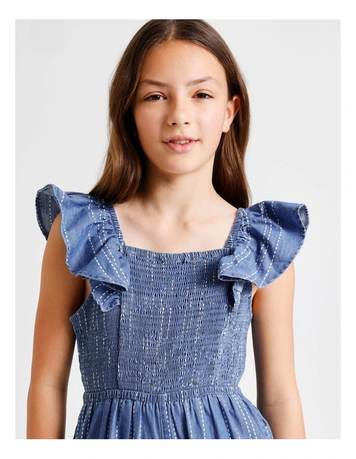 Sleeveless Chambray Shirred Bodice Jumpsuit wih Back Tie in Blue image 2
