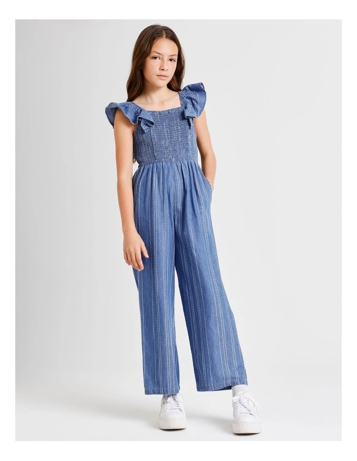 Sleeveless Chambray Shirred Bodice Jumpsuit wih Back Tie in Blue image 3