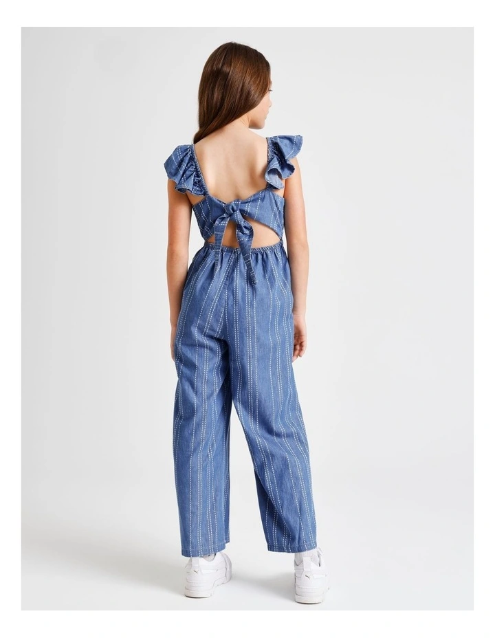 Sleeveless Chambray Shirred Bodice Jumpsuit wih Back Tie in Blue image 5