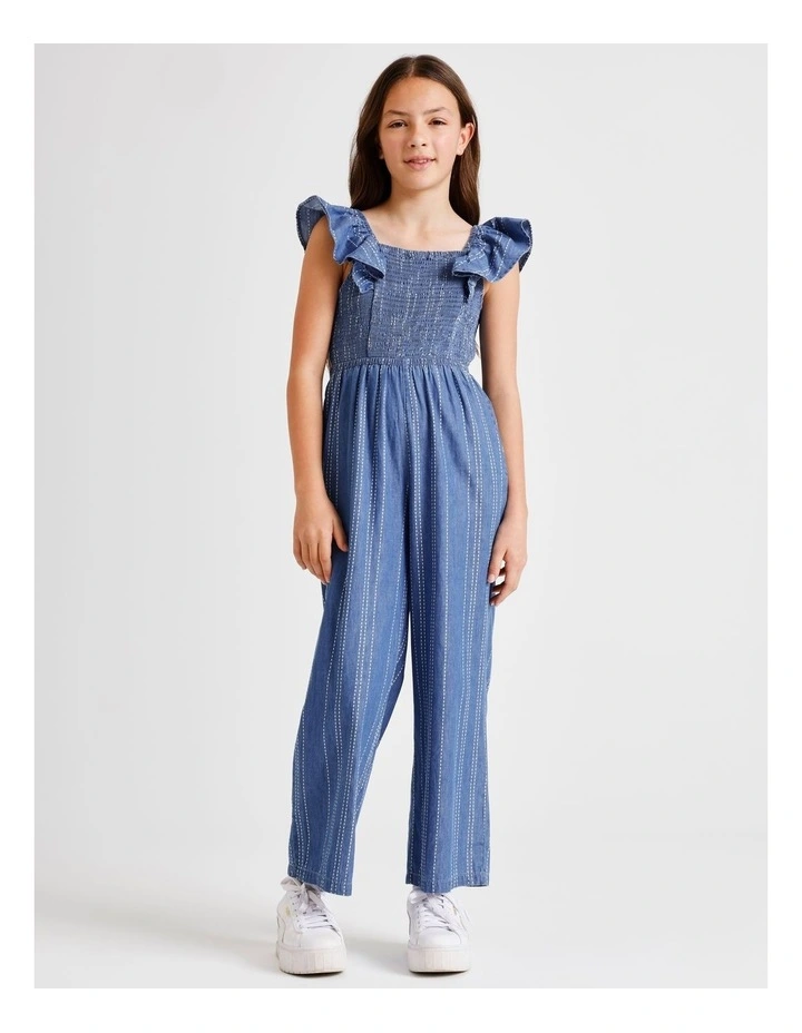 Sleeveless Chambray Shirred Bodice Jumpsuit wih Back Tie in Blue image 6