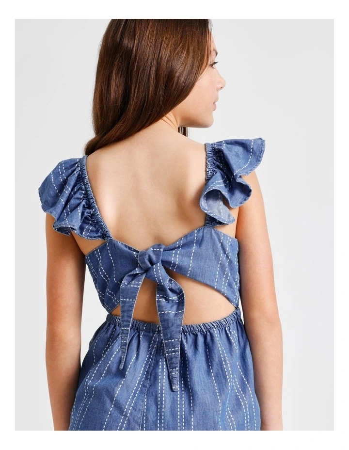 Sleeveless Chambray Shirred Bodice Jumpsuit wih Back Tie in Blue image 7