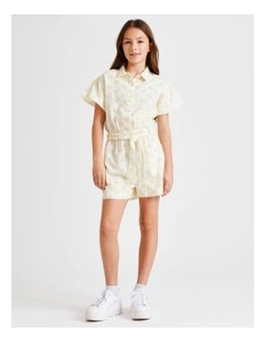 Short Sleeve Broderie Boiler Jumpsuit in White and Yellow