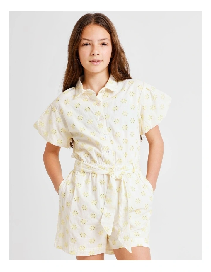 Short Sleeve Broderie Boiler Jumpsuit in White and Yellow image 2