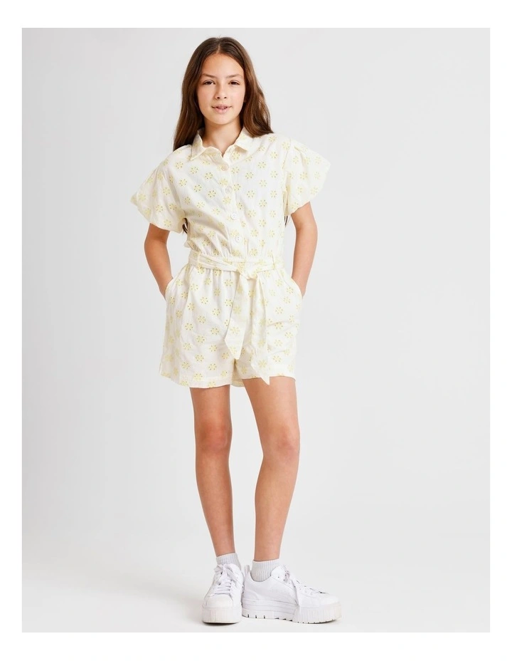Short Sleeve Broderie Boiler Jumpsuit in White and Yellow image 4