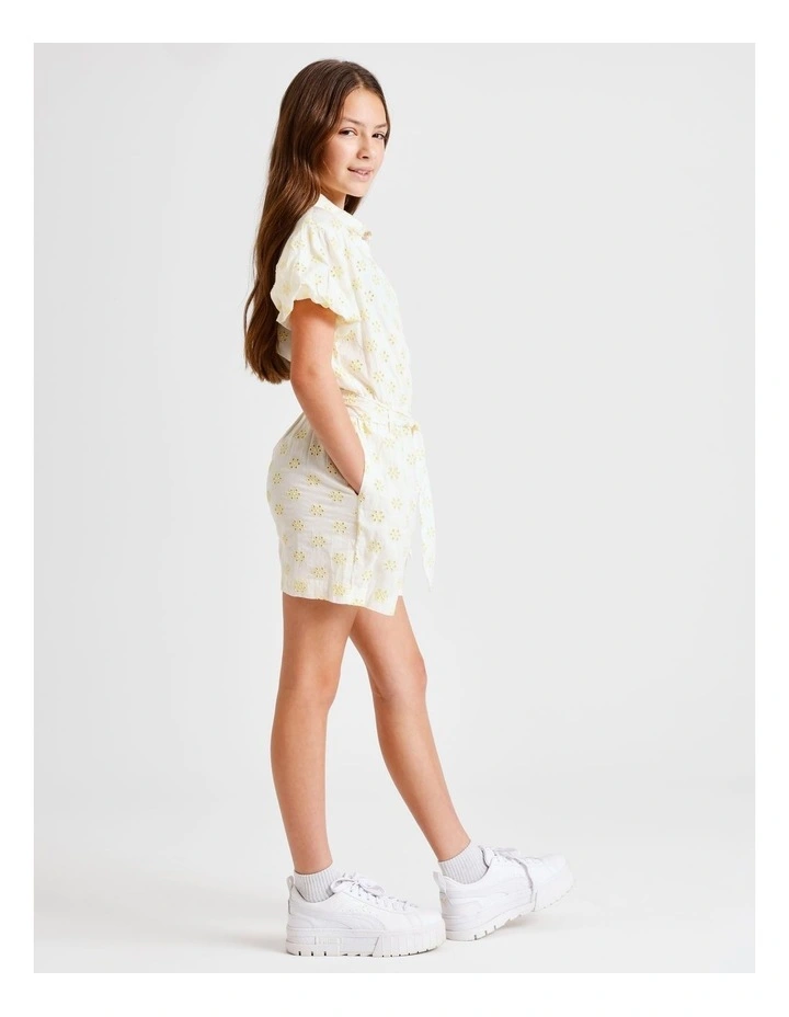 Short Sleeve Broderie Boiler Jumpsuit in White and Yellow image 5