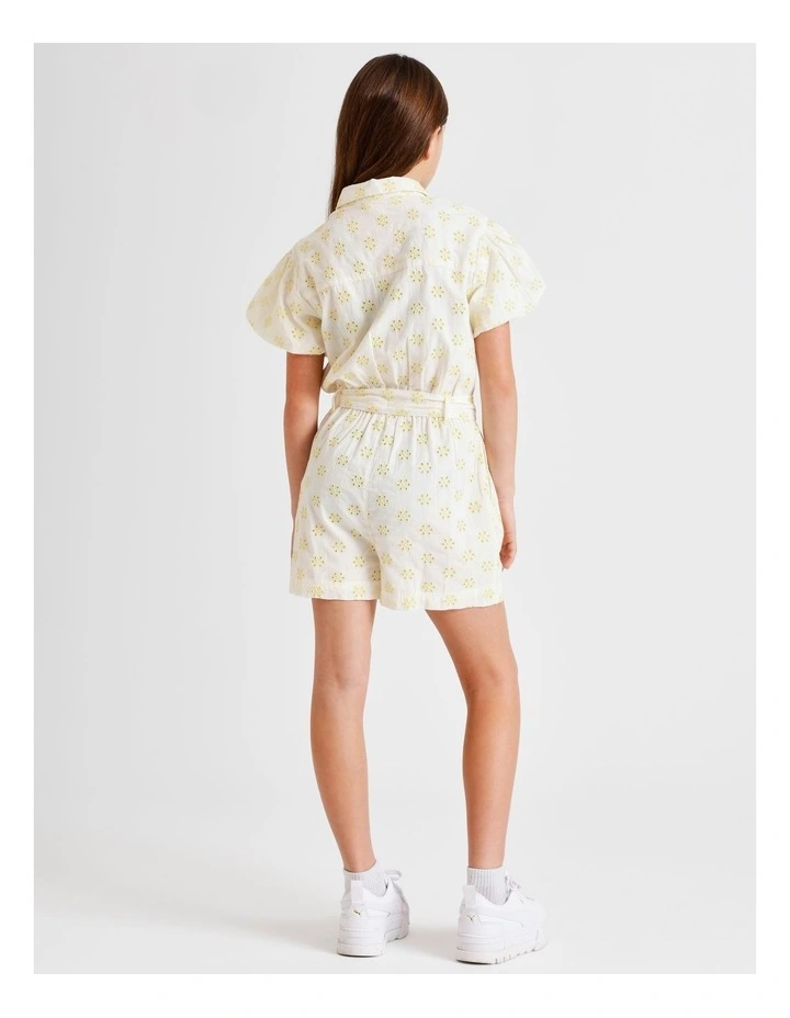 Short Sleeve Broderie Boiler Jumpsuit in White and Yellow image 6