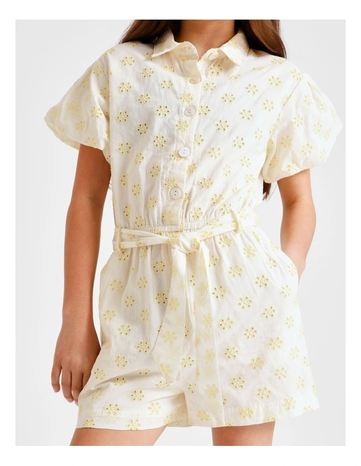 Short Sleeve Broderie Boiler Jumpsuit in White and Yellow image 7