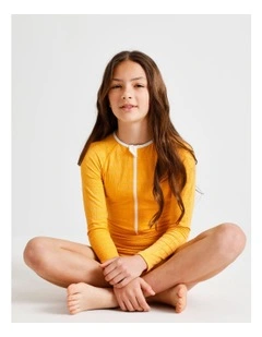 Long Sleeve 1/4 Zip One Piece with Contrast Sleeves in Yellow